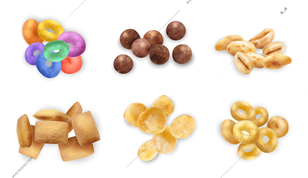 Breakfast cereal realistic set with rings balls and puffed cornflakes isolated vector illustration