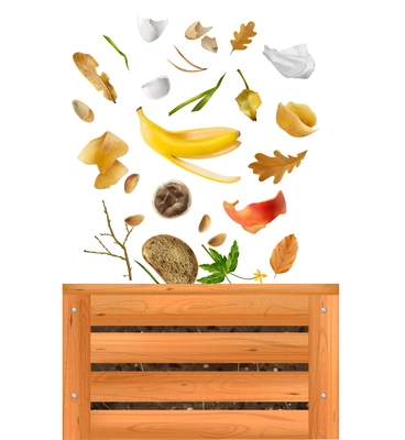 Realistic compost composition with front view of wooden pallet box with falling vegetable peel dead leaves vector illustration