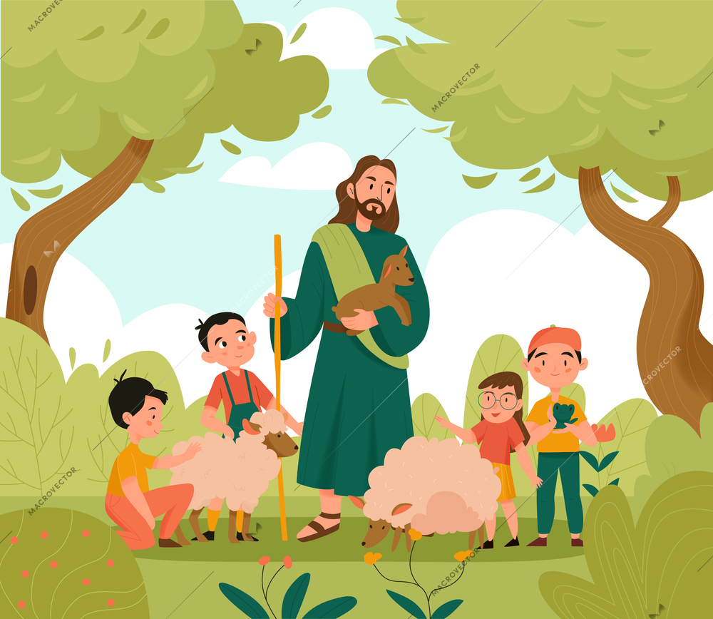 Jesus Christ and kids background with Bible and lambs symbols flat vector illustration