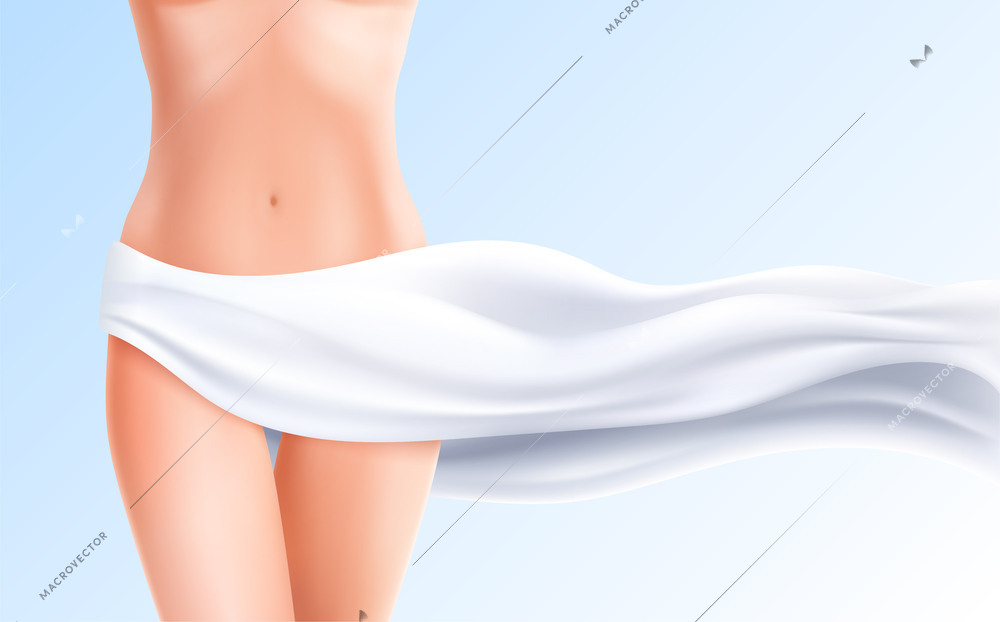 Female woman body realistic composition with gradient background and white fabric covering nude girl body image vector illustration