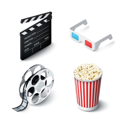 Cinema realistic set with 3d glasses clapperboard filmstrip and popcorn isolated vector illustration