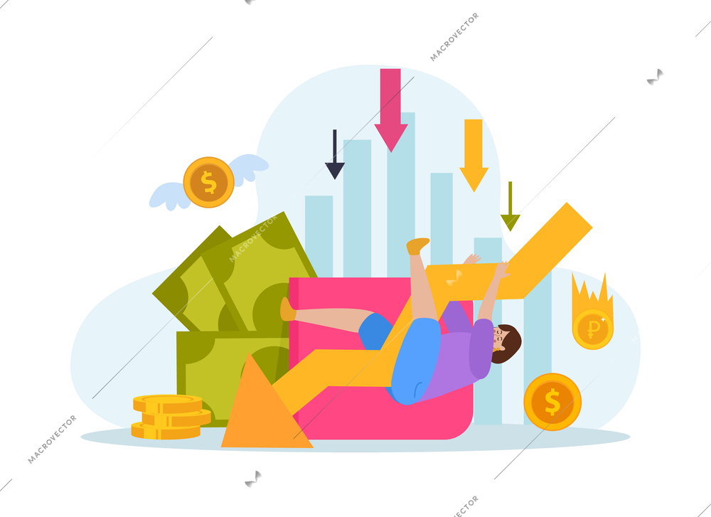 Financial crisis business failure flat concept with falling person images of coins banknotes and arrows down vector illustration