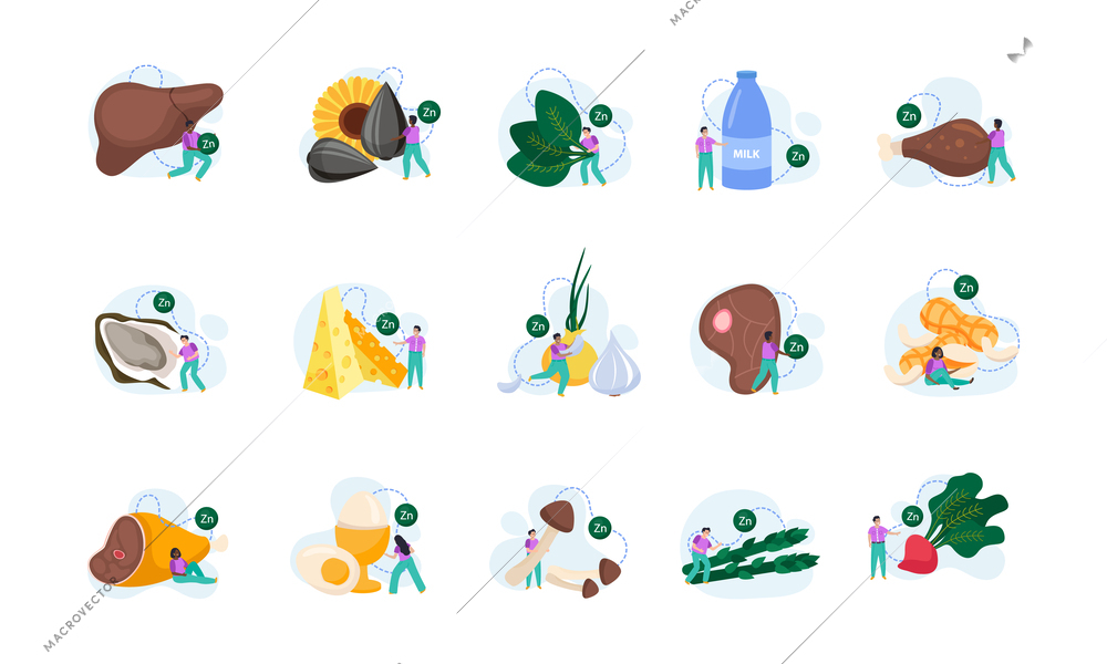 Food rich in zinc flat icons set with healthy products and little human characters isolated against white background vector illustration