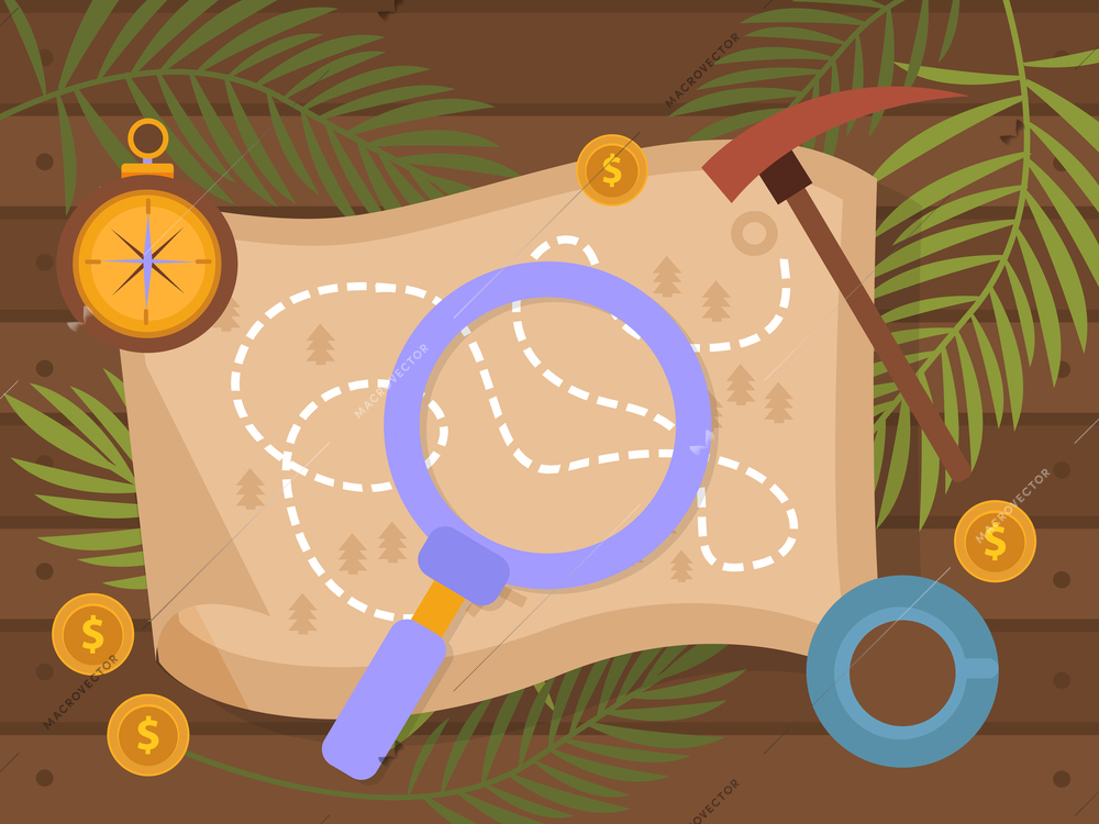 Treasure hunt flat composition with top view of magnifier on map with compass and mattock vector illustration