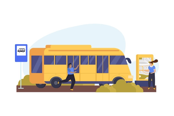 Flat public transport background with two human characters bus and city map vector illustration