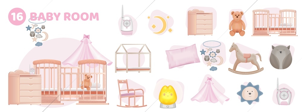 Realistic baby room composition set of furniture items toys interior elements babyphone isolated on white background vector illustration