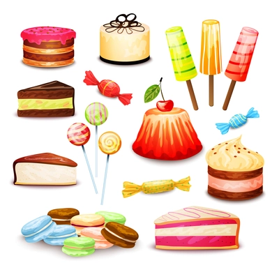 Sweet food set with layered cake ice cream candy isolated vector illustration