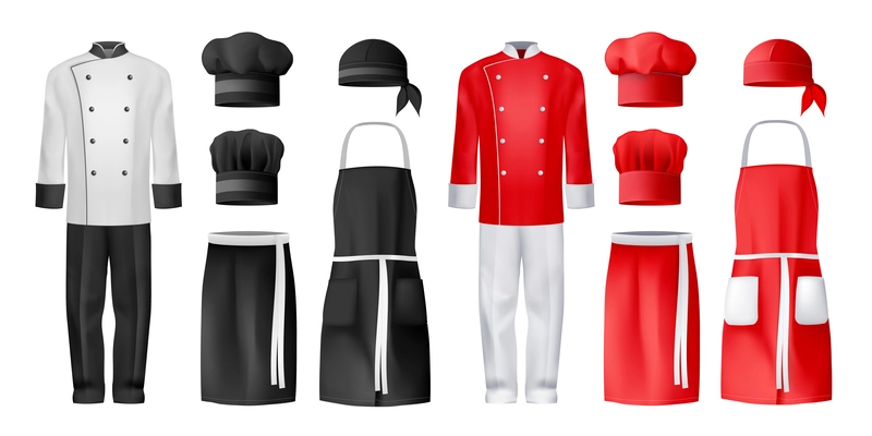 Realistic culinary chef clothing icon set two sets of costumes in black and white and red and white with a cap and aprons vector illustration