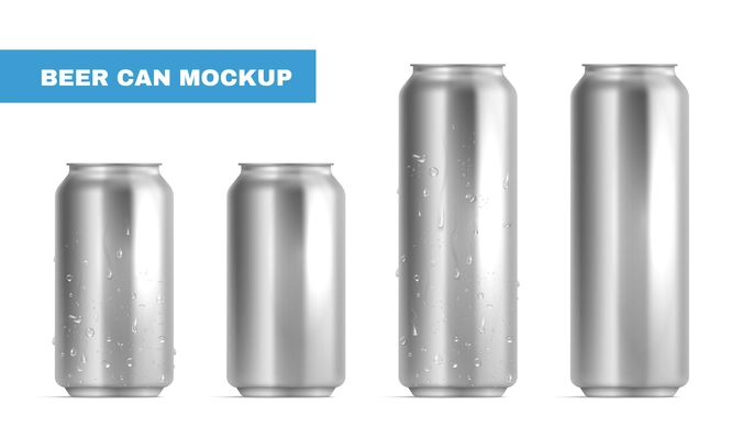 Realistic beer can mockup icon set silver aluminum cans with condensation droplets on them vector illustration