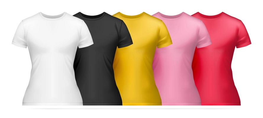 Realistic women t shirt mockup color icon set five colorful womens t shirts white black yellow pink and red vector illustration