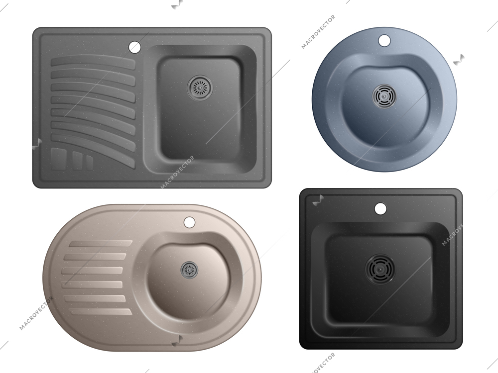 Realistic ceramic sink icon set round and square sinks with or without drying space vector illustration