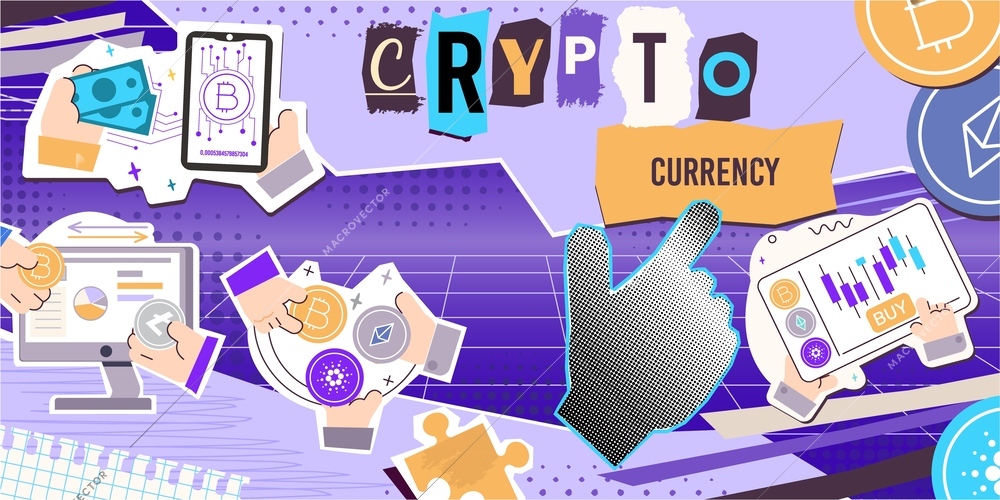 Cryptocurrency transactions flat collage background with puzzle pieces ornate letters and stickers with hands and gadgets vector illustration