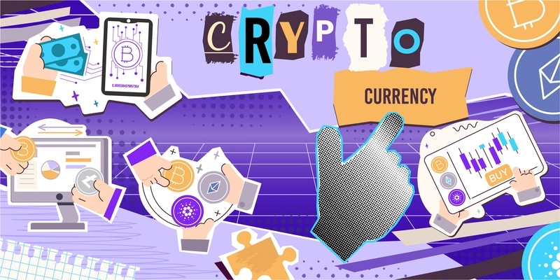 Cryptocurrency transactions flat collage background with puzzle pieces ornate letters and stickers with hands and gadgets vector illustration