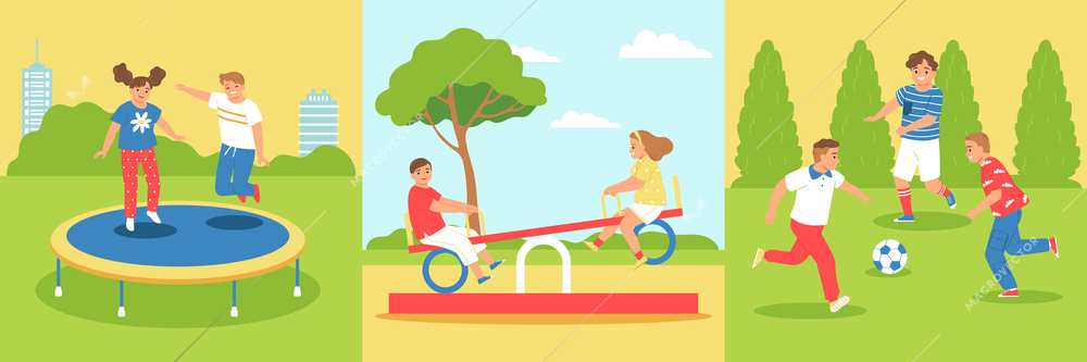 Children playground design concept set children jump on trampoline ride swings and play soccer vector illustration