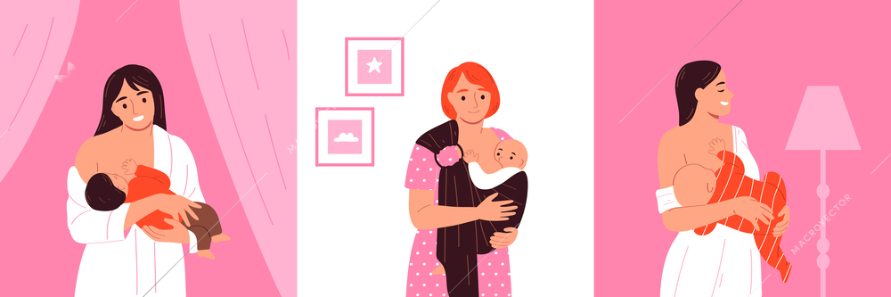 Breastfeeding design concept set three young mothers feeding their children while standing in room vector illustration