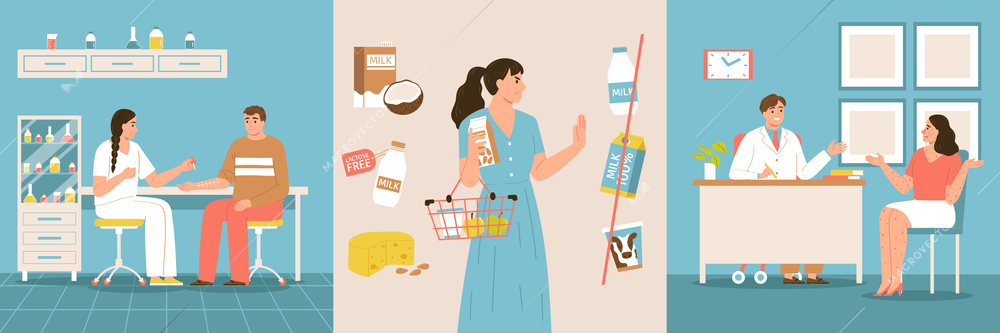 Food allergy design concept set the doctor performs allergy testing on the patient the woman at the store chooses lactose free and plant based types of milk the woman with a rash all over her body at the doctors office vector illustration