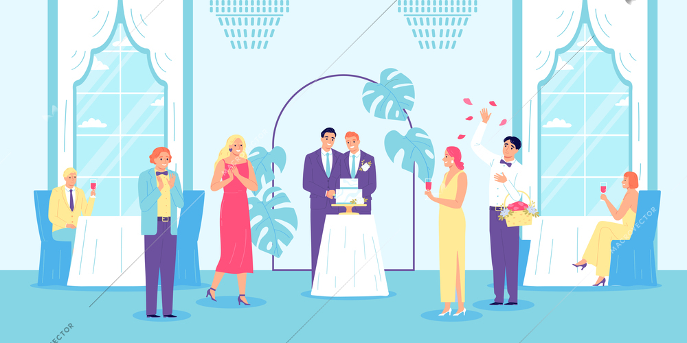 Lgbt men wedding composition two men in a celebration hall cutting a cake as part of their wedding and being surrounded by loved ones vector illustration