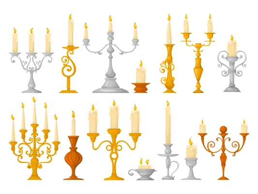 Retro candle holders chandelier set of isolated images with baroque design lights and burning candles inside vector illustration