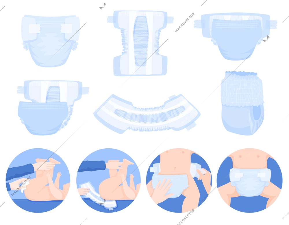 Baby diaper flat set with isolated views of infant underwear and stages of changing diaper panties vector illustration