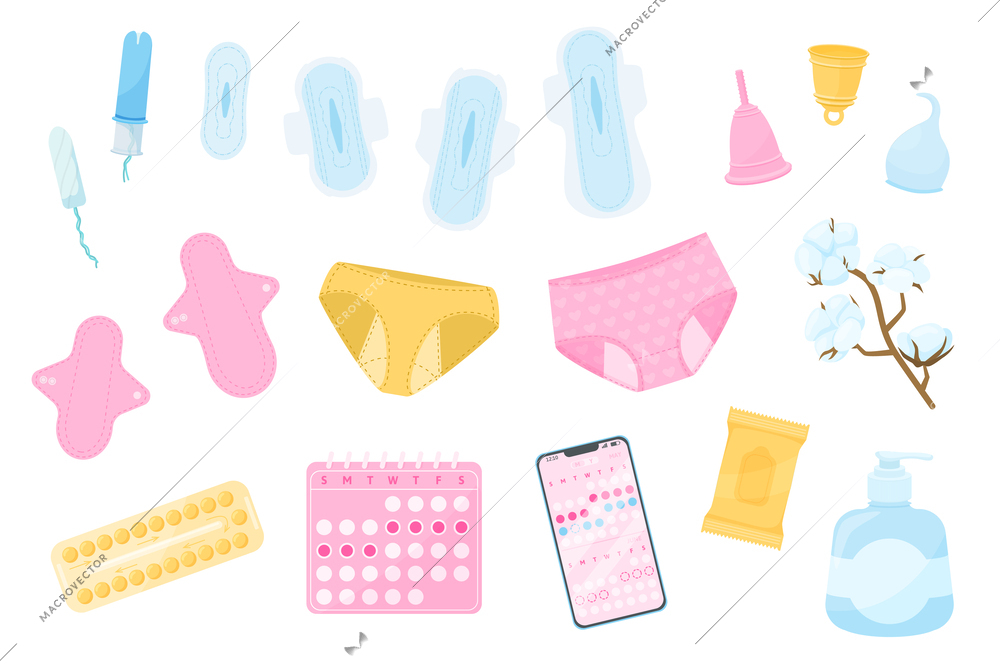 Menstruation period hygiene flat set of isolated icons with calendar app painkiller pills panties and pads vector illustration