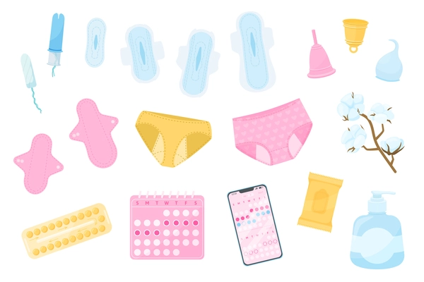 Menstruation period hygiene flat set of isolated icons with calendar app painkiller pills panties and pads vector illustration
