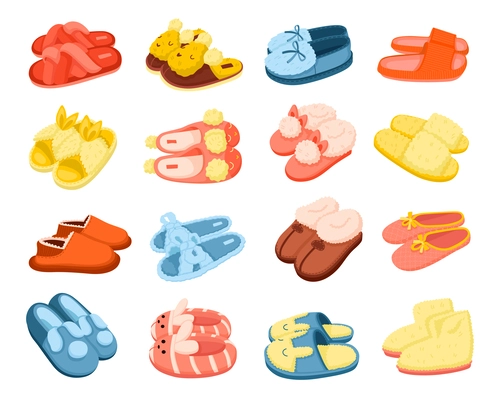 House slippers cartoon set of colorful  warm furry footwear items for women and kids isolated vector illustration