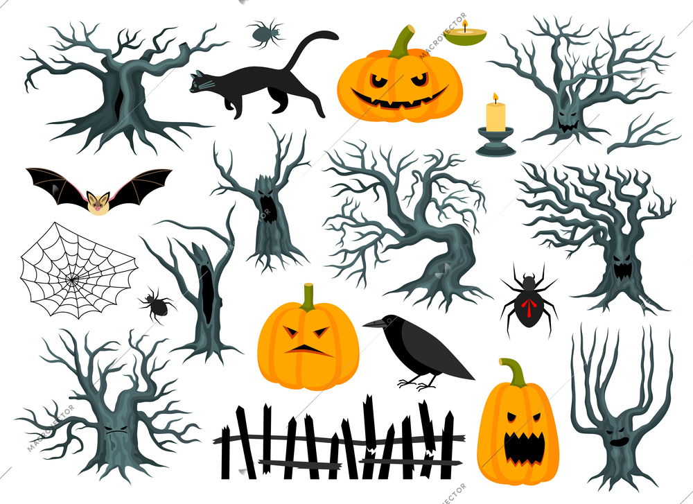 Halloween flat set of spooky trees scary pumpkins and various holiday symbols isolated vector illustration