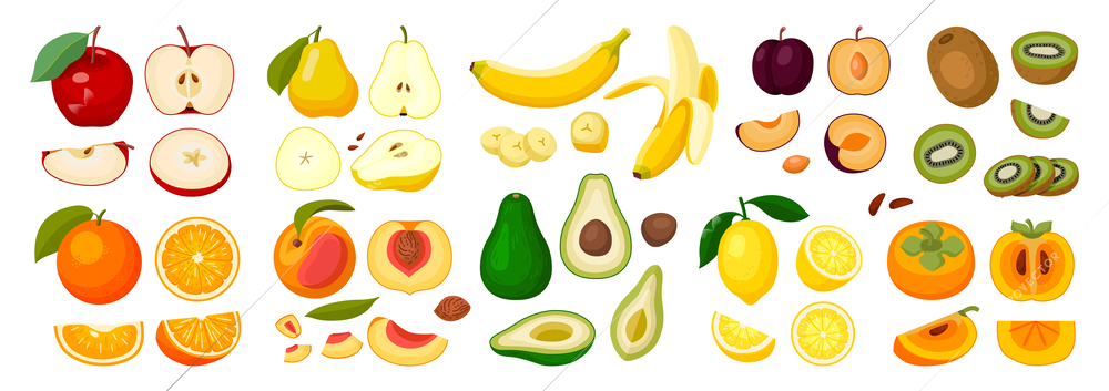 Fresh whole and sliced fruits set with apple pear banana persimmon orange kiwi peach plum lemon avocado isolated flat vector illustration