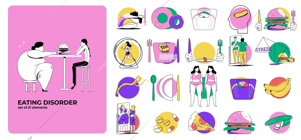 Eating disorder set with isolated compositions of flat conceptual icons with food and human obesity causes vector illustration