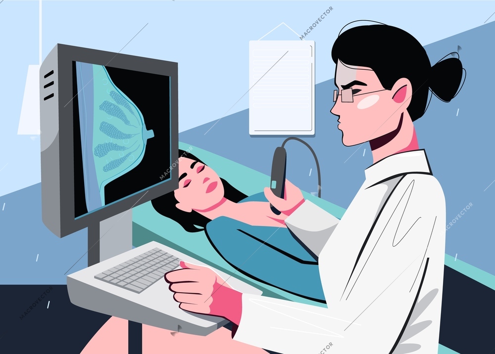 Breast woman flat background with  female doctor and woman laying on couch during ultrasound checking vector illustration