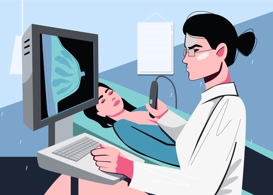 Breast woman flat background with  female doctor and woman laying on couch during ultrasound checking vector illustration