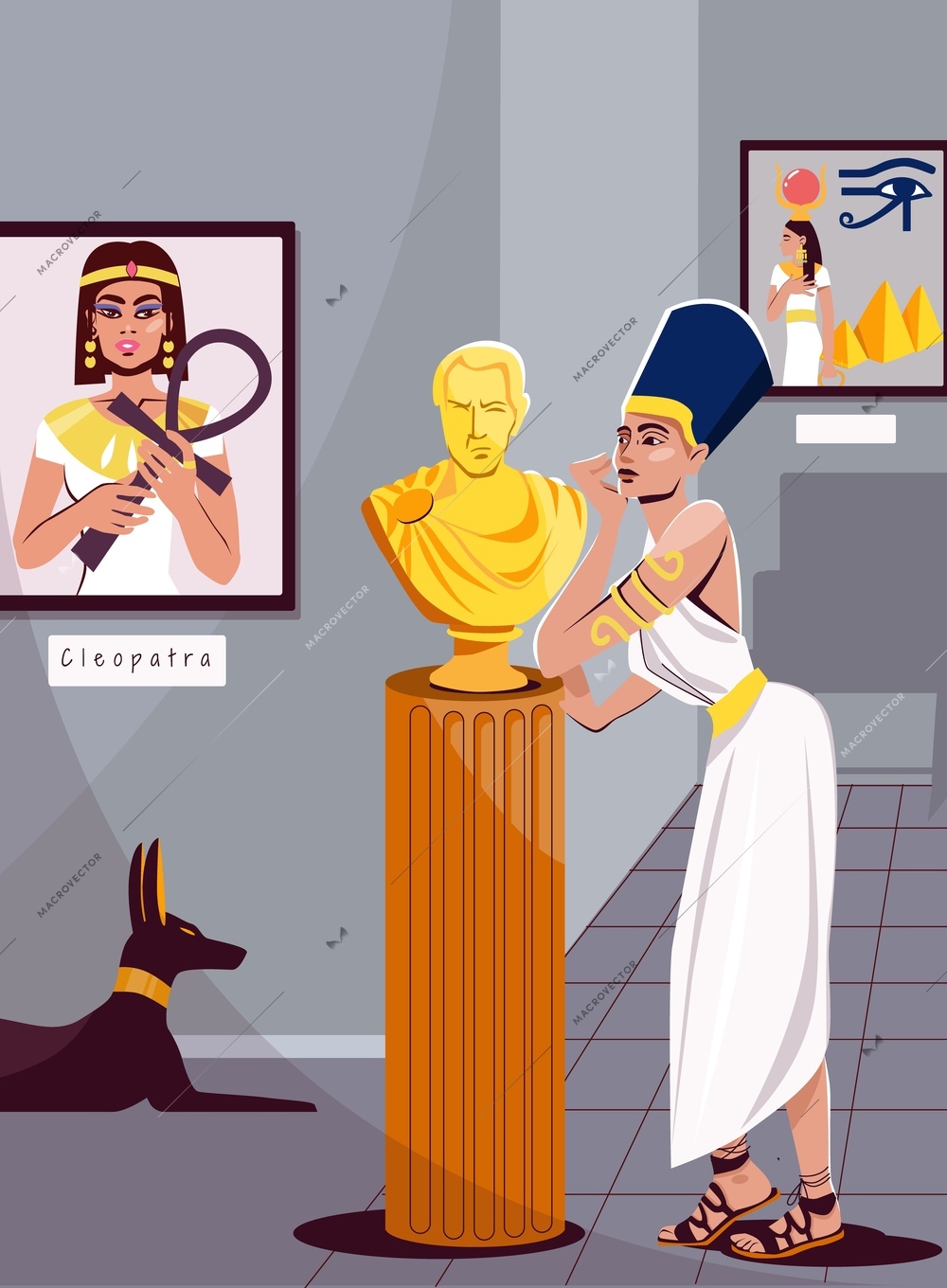 Cleopatra flat background depicting museum interior with pictures and sculpture vector illustration