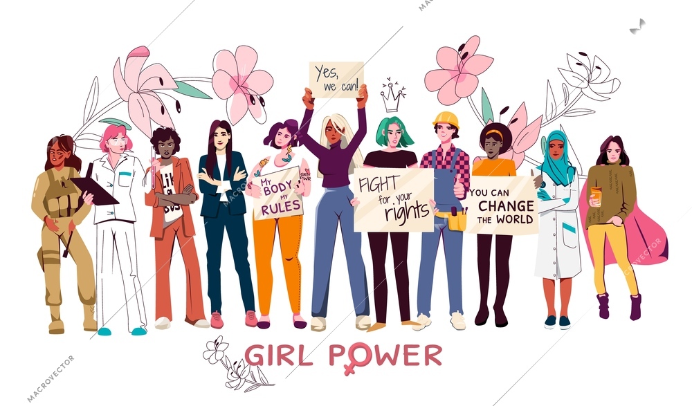 Girl power flat design concept with international female group holding placards with various slogans vector illustration