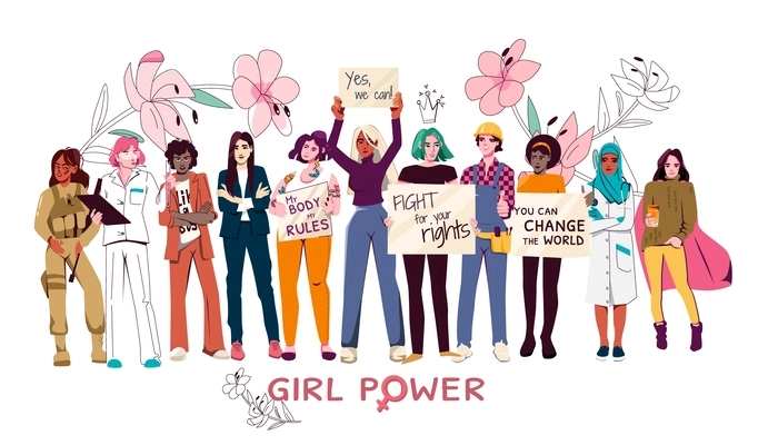 Girl power flat design concept with international female group holding placards with various slogans vector illustration