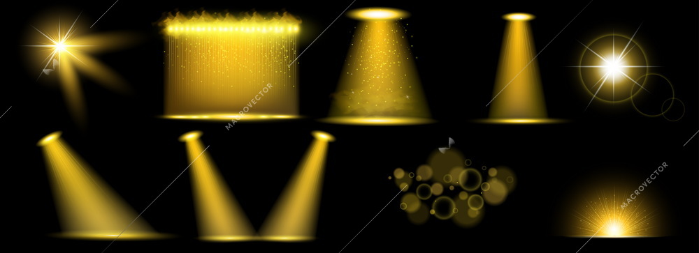 Spotlight lights effect realistic set with isolated views of natural and artificial light sources with rays vector illustration