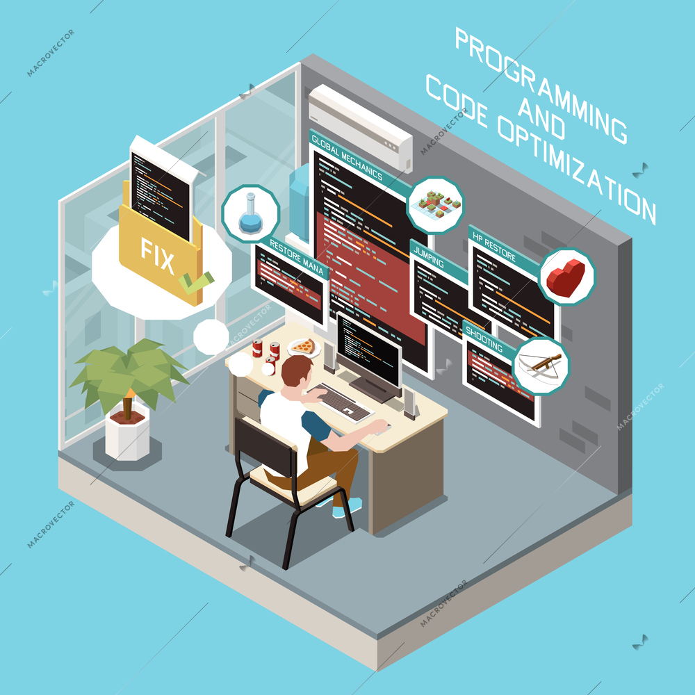 Game development isometric concept with code optimization symbols vector illustration