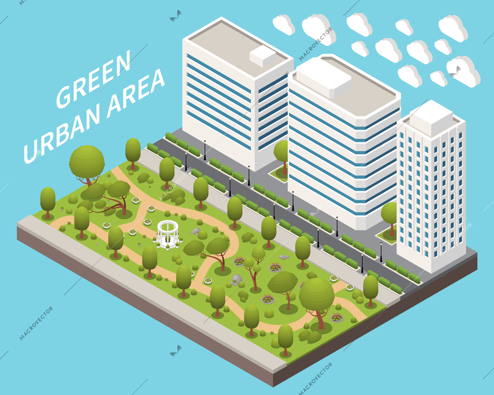 Park landscape elements with green urban area symbols isometric vector illustration