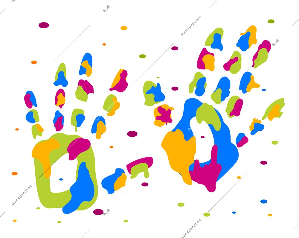 Holi celebrating abstract background with creative colorful print on human palms isometric vector illustration