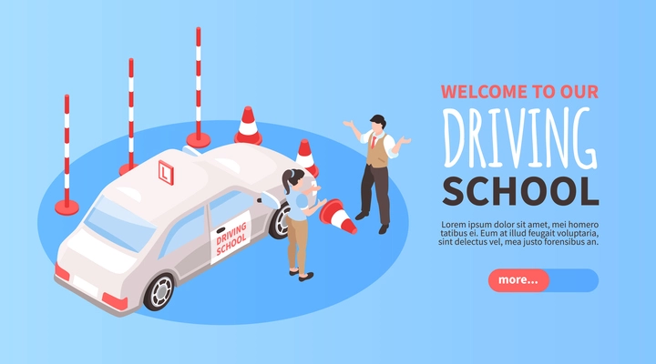 Isometric driving school horizontal banner with welcome to our driving school headline and more button vector illustration