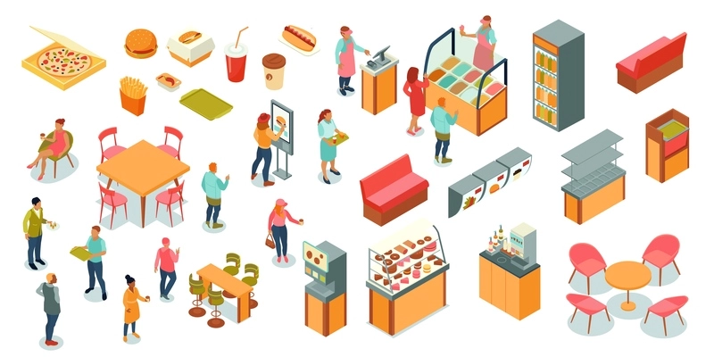 Food court isometric set with pizza and burgers isolated vector illustration