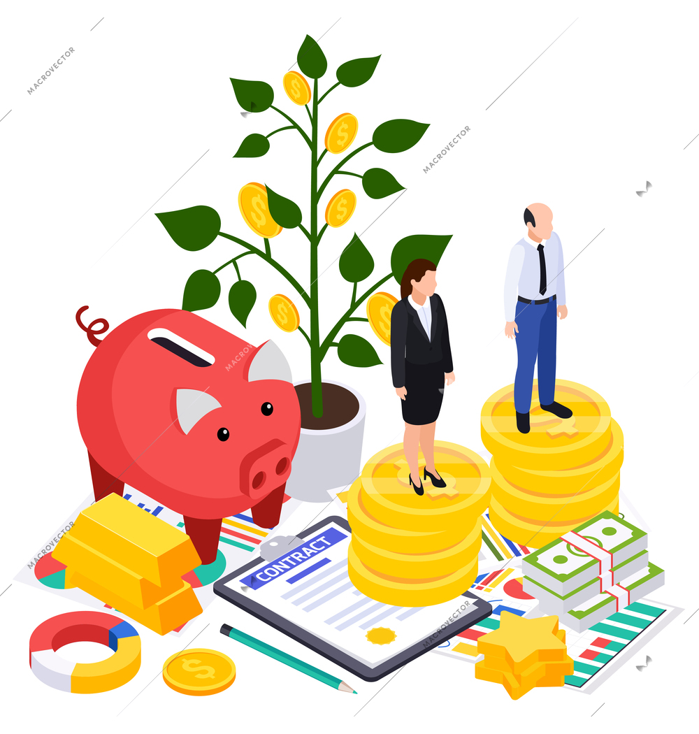 Business ethics isometric composition with people coin stacks cash and gold with piggy bank money tree vector illustration