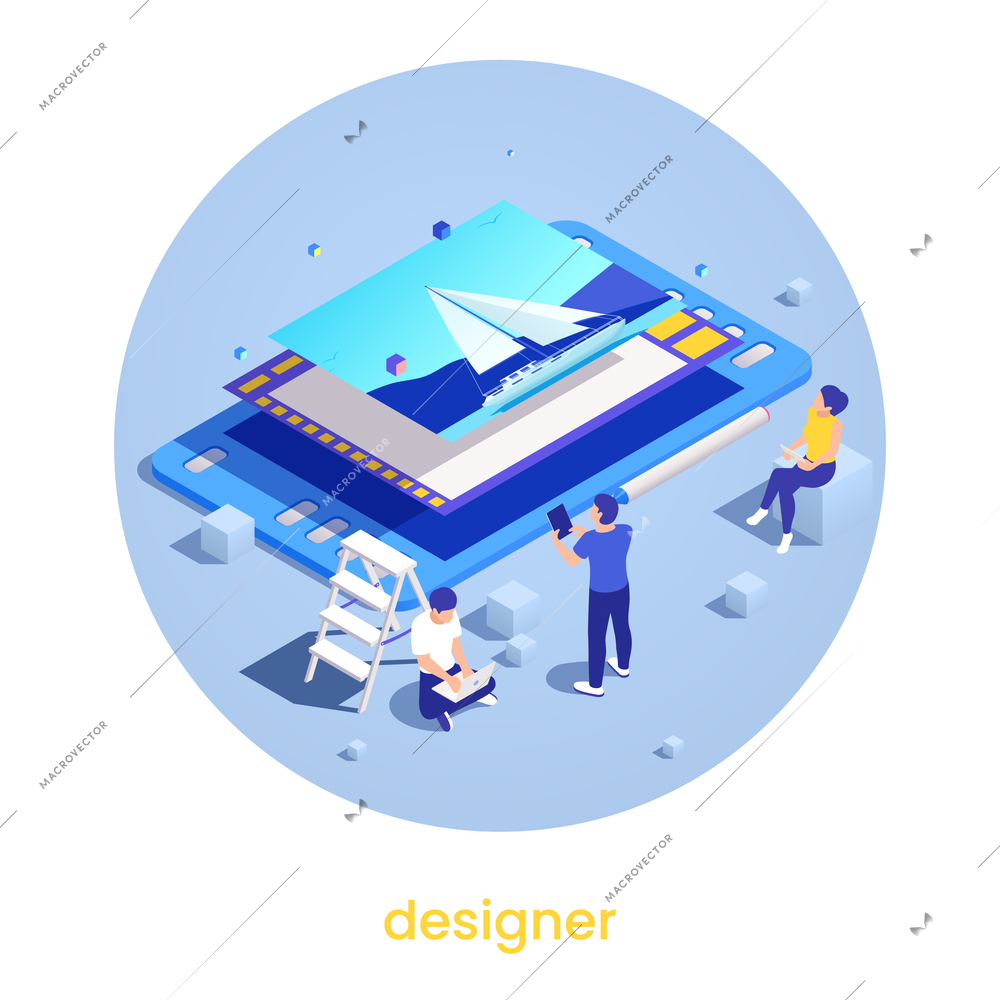 IT professions isometric round concept with designer symbols vector illustration