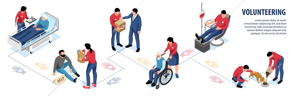 Volunteering infographics with men and women helping animals disabled homeless sick elderly people donating money and blood isometric 3d vector illustration