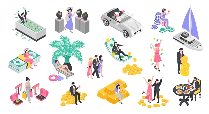 Rich people isometric set with happy wealthy men and women isolated vector illustration