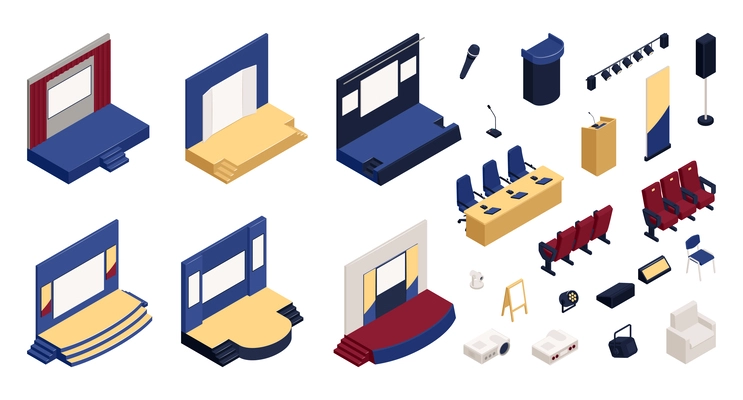 Isometric constructor set of press conference hall elements isolated vector illustration