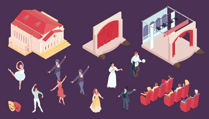 Theatre color set with performance symbols isometric isolated vector illustration