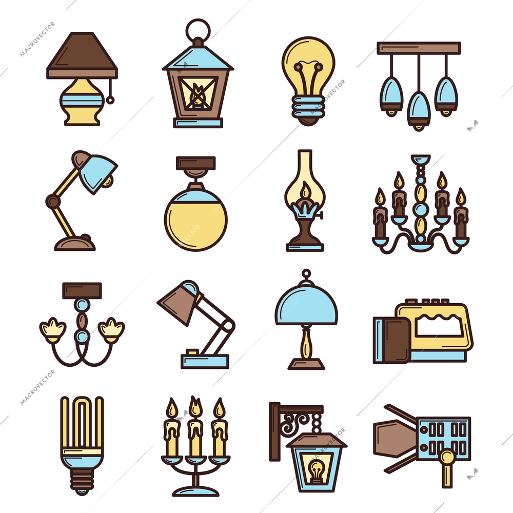 Light icon set with lightbulb fluorescent electric lamps and candles isolated vector illustration