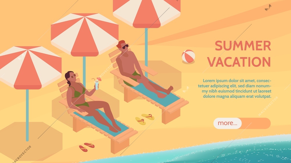 Summer vacation horizontal banner with sunbathing symbols isometric vector illustration
