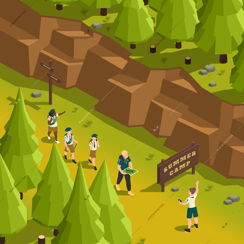 Children from summer scout camp going hiking with instructor in forest 3d isometric vector illustration
