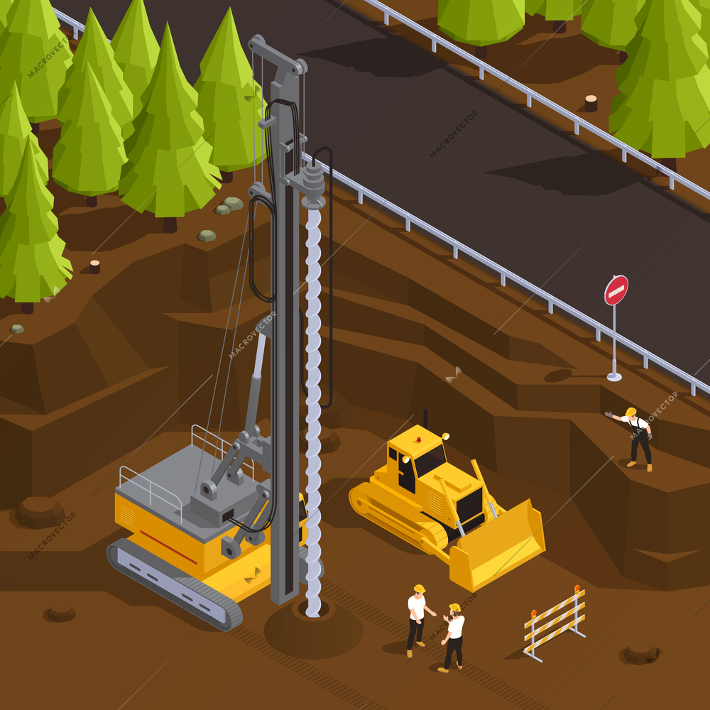 Well drilling process with drill rig machinery outside town near road 3d isometric vector illustration